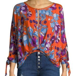 FREE PEOPLE | Keepin' On Tropical Floral Orange Tie Sleeve Shirt Top Blouse